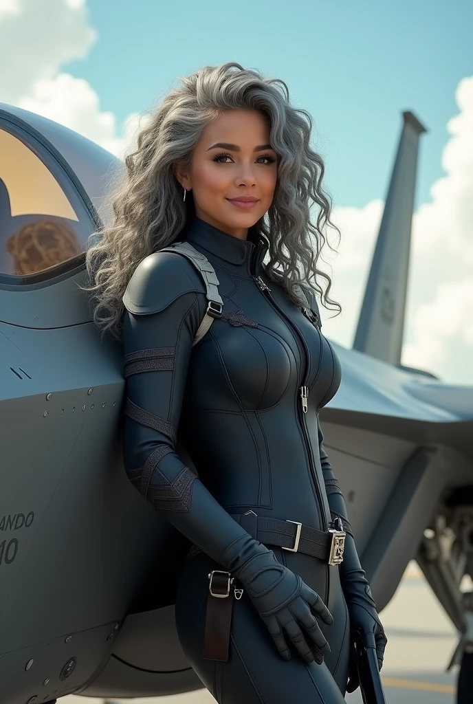 A beautiful youthful looking Filipino version of Ariana Grande as a 50 years old woman with long curly compl etely gray hair as the superhero Daisy Johnson from A gents of S.H.I.E.L.D wearing a Daisy Johnson outfit lea ning on a f 35 holding a gun in her hands pointing it in front of her