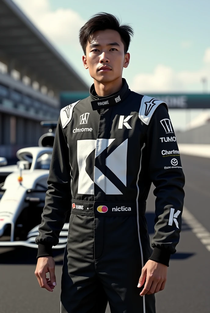 Filipino f1 driver wearing black and white tracksuit with chrome as sponsor with a large “K” on the suit (no helmet) with f1 car on the background