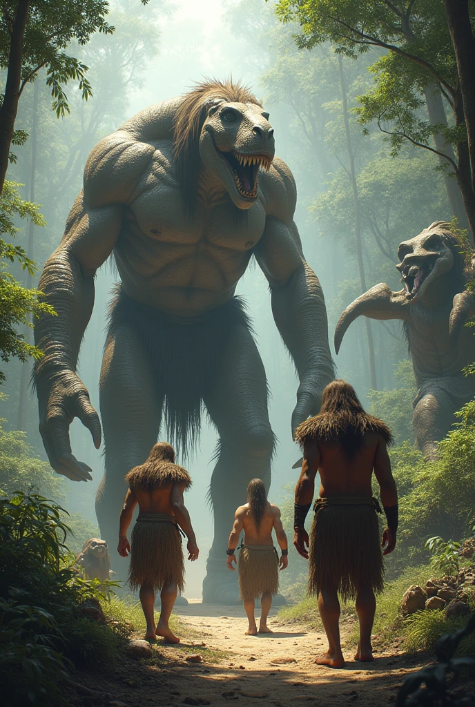 Group of primitive giant men with fictional prehistoric giant animals