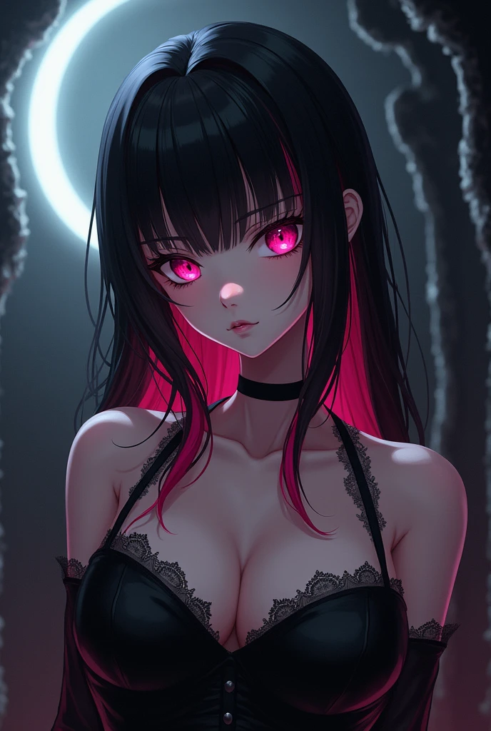 Photorealistic gothic anime girl with hot pink streaks in her hair, fair skin and slightly wide body