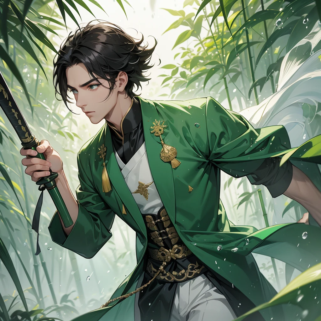 A Handsome black-hair male holding a large sword in an green-white ancient chinese costume, close up.

The back is a lush green bamboo forest. The air after rain has water droplets splashing around.