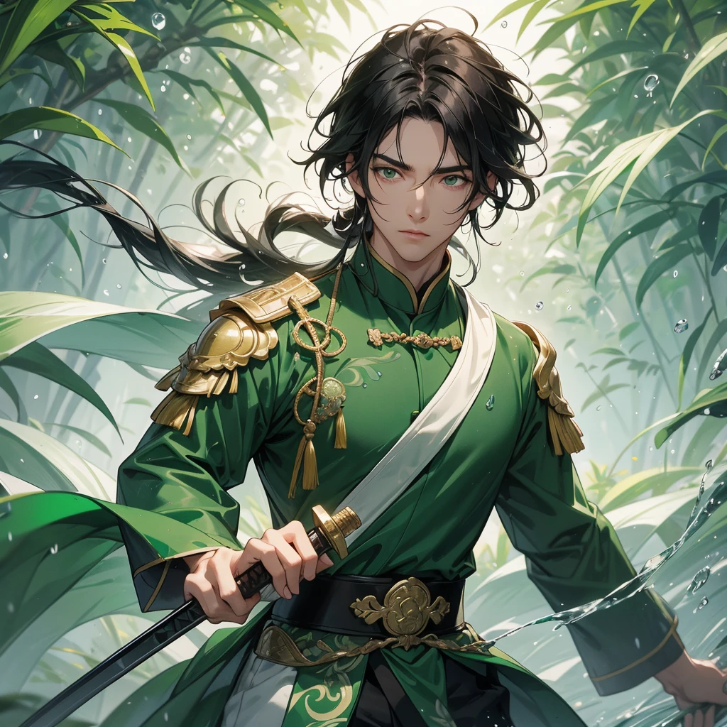 A Handsome black-hair male holding a large sword in an green-white ancient chinese costume, close up.
The back is a lush green bamboo forest. The air after rain has water droplets splashing around.