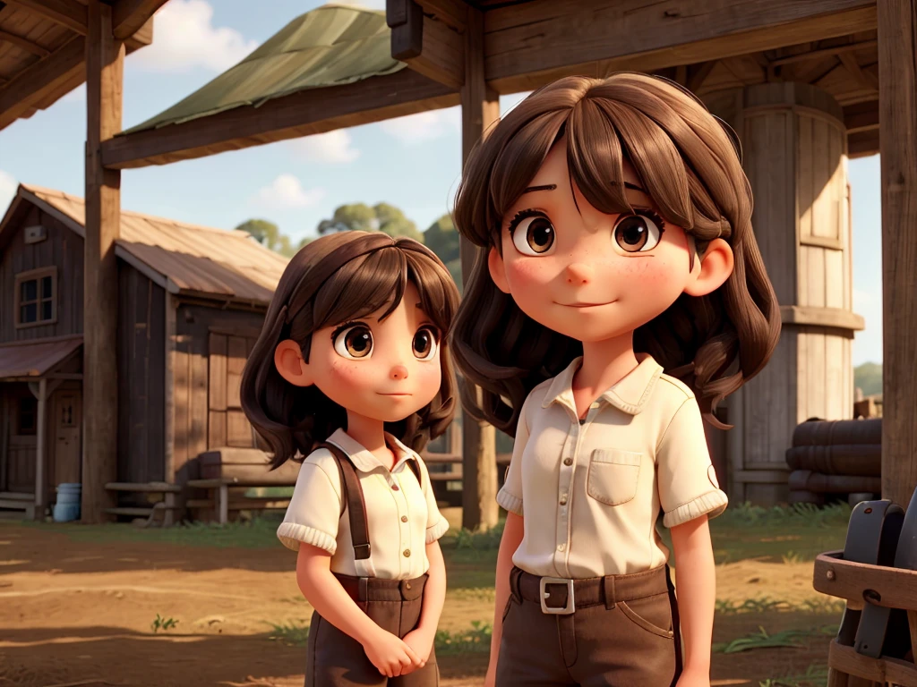 on a farm, a  girl talks to her father and mother. The father has short hair. has fair skin, long hair in dark brown color, dark shaped eyes, with bangs. 