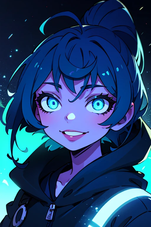 ((best quality)), ((masterpiece)), (detailed), perfect face, detailed background, masterpiece, best quality, smile, ornament, hoodie, portrait, blue neon, graffiti, dark, night, glowing eyes, blacklight
