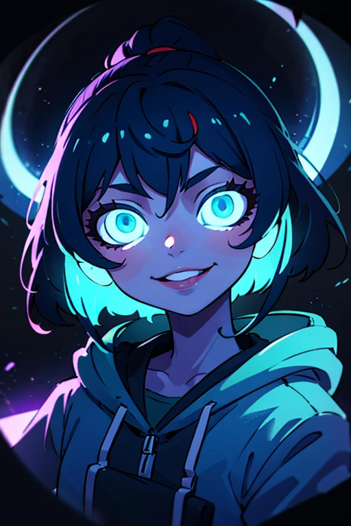 ((best quality)), ((masterpiece)), (detailed), perfect face, detailed background, masterpiece, best quality, smile, ornament, hoodie, portrait, blue neon, graffiti, dark, night, glowing eyes, blacklight
