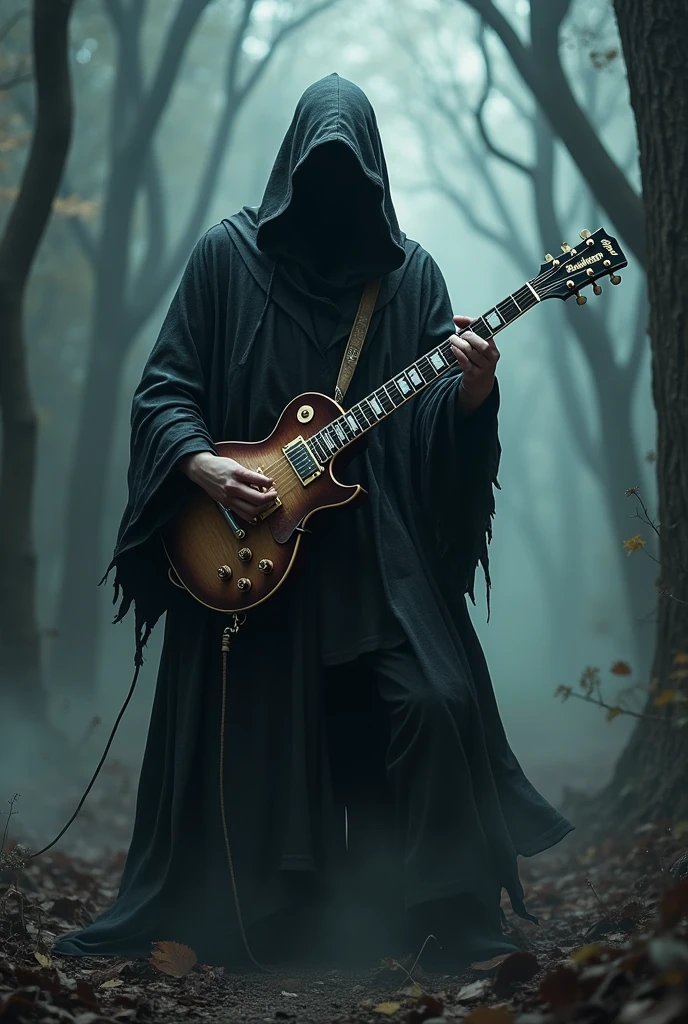 hooded metal music man guitarist faceless with robe in full body metal attitude haunted forest with guitar les paul sorcier du heavy metal, Electric guitar slash position