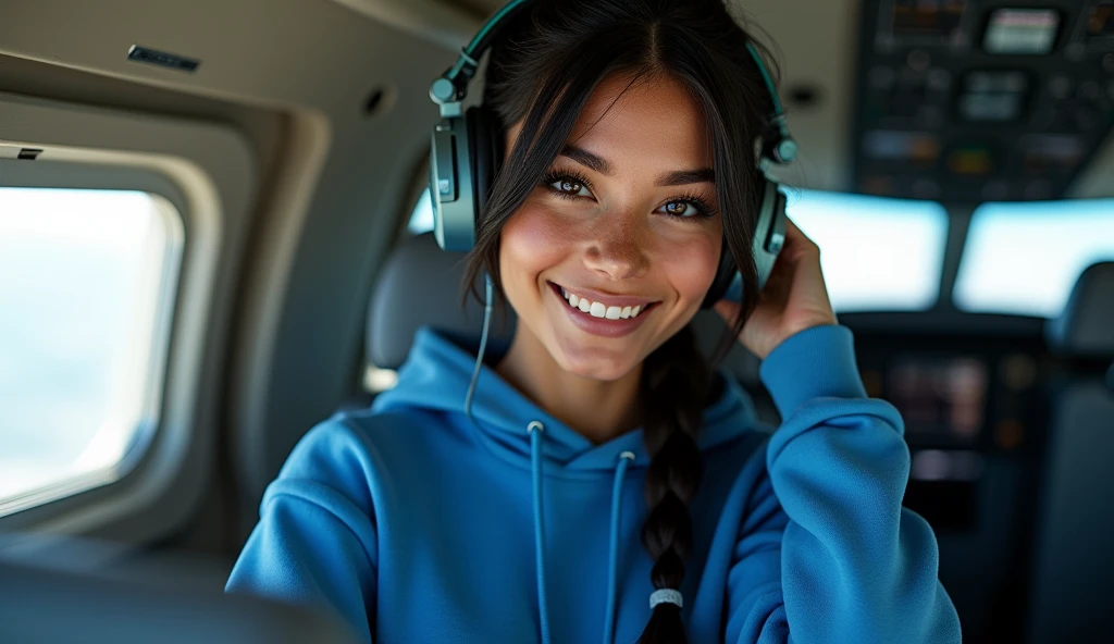 (photorealism: 1.2), hot brazilian sexy girl in sexy dynamic pose. raw portrait photography, hyper realistic and detailed face, complex and realistic skin texture, hot body, athletic body, smiling, long black hair with braid, dressed with long blue sweatshirt and headphone in the cockpit airbus