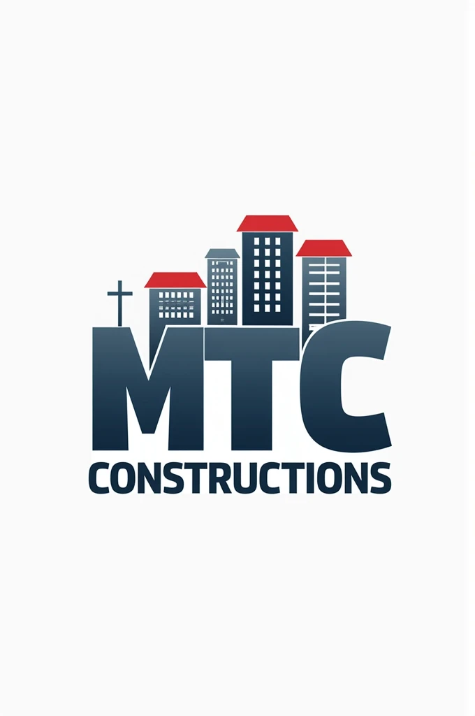 Draw a logo in which the letters mtc are made in the shape of buildings and that says constructions below and uses the colors blue, gray and red