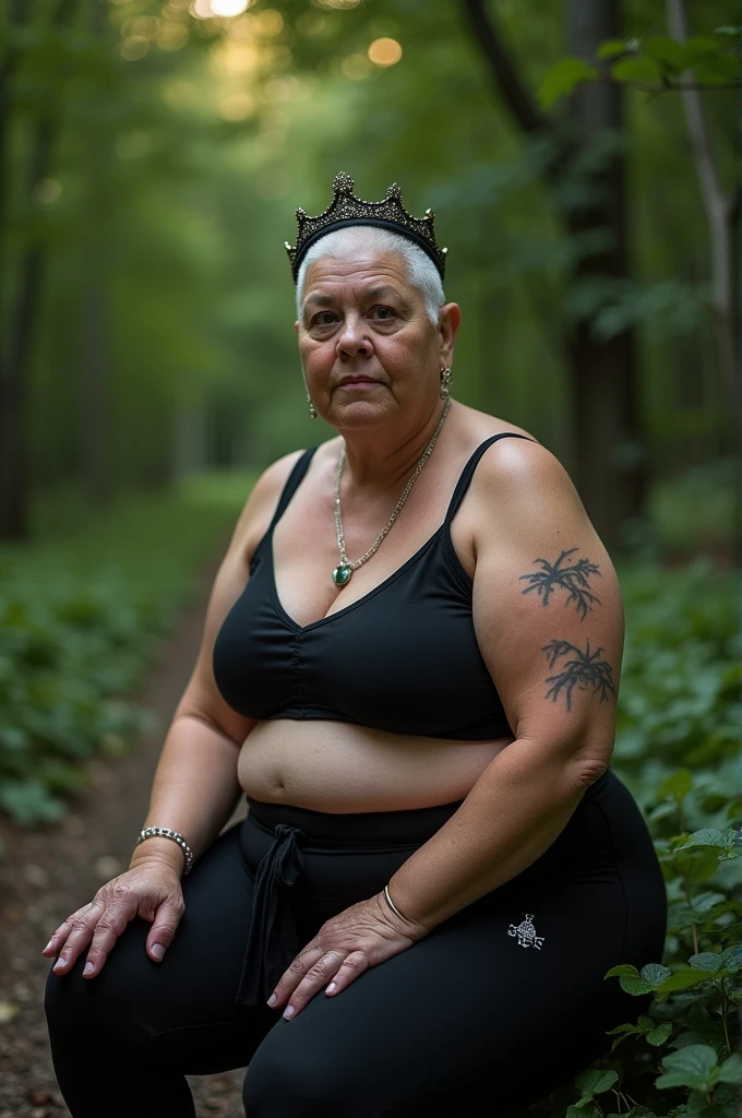 high fashion photography of a pudgy old woman as a ((spiritual stonemason)) with ((shaved hair)) wearing a (tiara),dressed in black sports bra,black leggings,textured fabric,small white logo,lush greenery,blurred foliage,natural lighting,sitting down,facing camera,head slightly tilted,Eye-level shot,shallow focus,soft lighting,suburbs,neon lights,accent lighting,biopunk,(overhead shot:1.4),shot on Canon EOS 5D Mark IV with Canon EF 24-70mm f-2.8L II,photo by Lillian Bassman