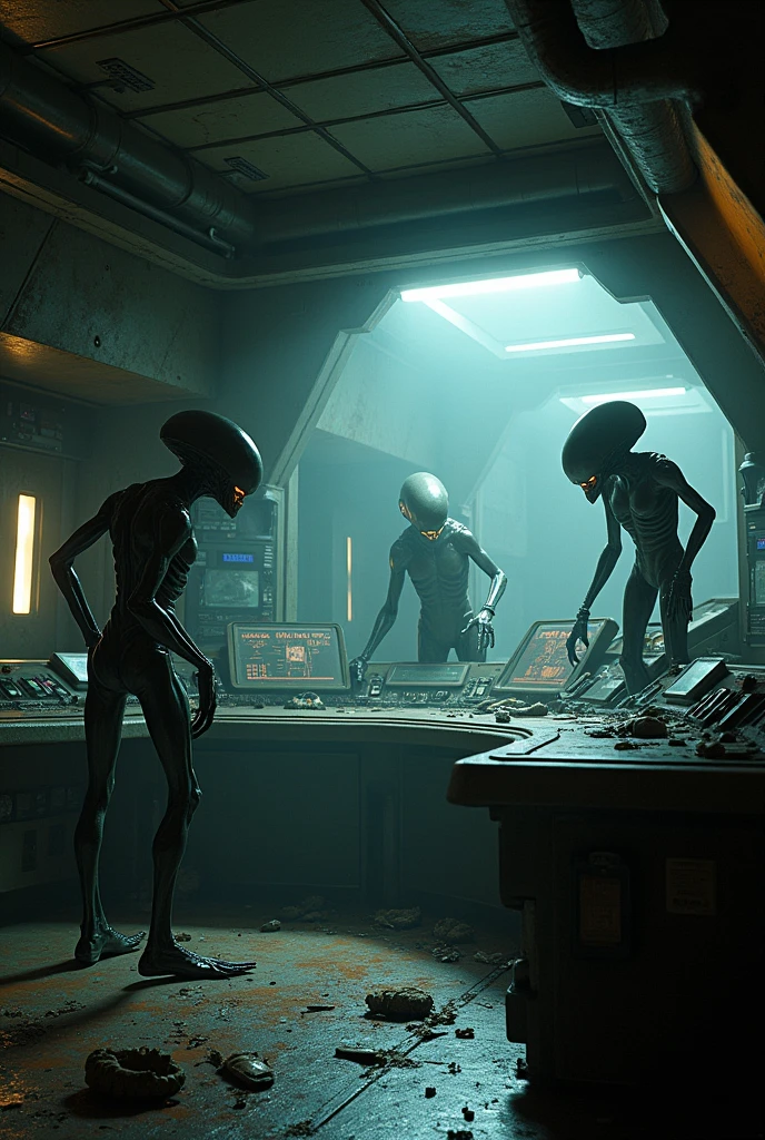 Spaceship internally, control room with several killer aliens, the place is taken over by several aliens, poor lighting