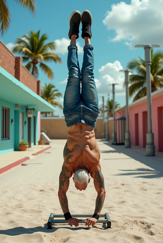 Side view Photorealistic real image, a very elderly Asian man with white hair, extremely muscular, with enormously wrinkled skin, is doing a yoga handstand on a metal structure, showing off abs, has a relaxed attitude, in a weight training area in Miami, palm trees, cement beach sand, with tattooed arms, no shirt, jeans, bandaged wrists, with black kung fu shoes, the floor is cement, street lamps, bright colors, brick walls, lighting with midday light, the Sunlight plays with the colors and sweat of man, a sporty image, a colorful atmosphere. Very old man, in the background you can see Miami buildings with bright colors.