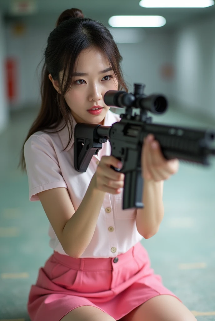 beautiful chinese office lady in pink mini skirt holding rifle aiming with legs spread shooting range target sweet face