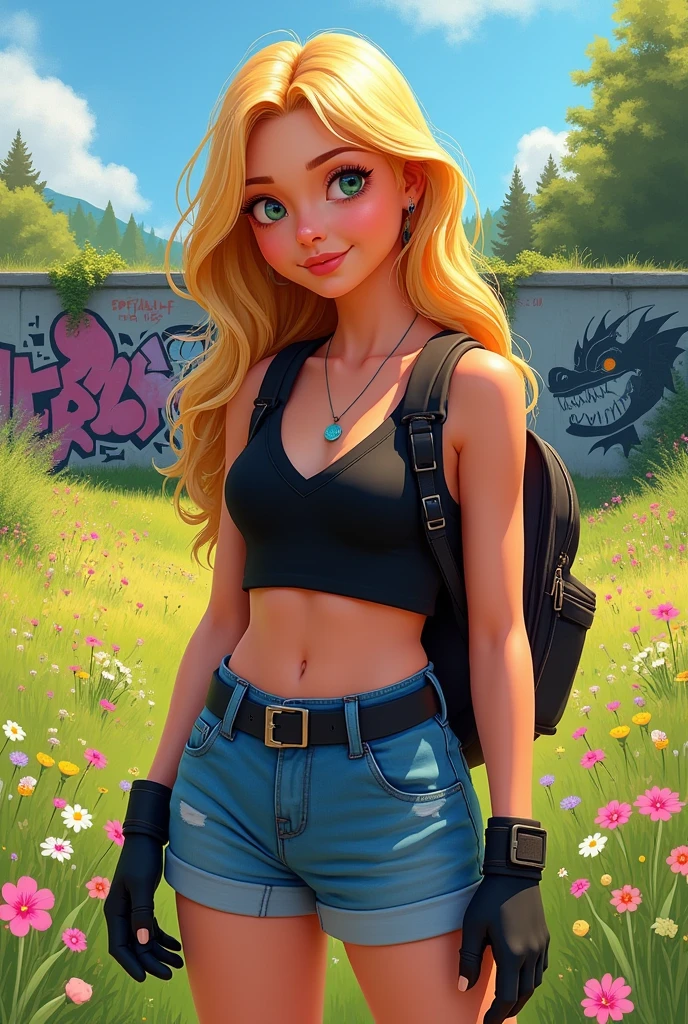 a young woman, full body, a cartoon character wearing a black sleeveless v-neck crop top and blue denim shorts, black belt, long wavy blonde hair, gloves, and 16k, hyper realistic digital in acrylic paint, watercolor, Oil with bright colors, with a meadow background with spring flowers and graffiti on the wall, a painting of a fierce dragon in graffiti, more realistic, with a backpack on his back, 