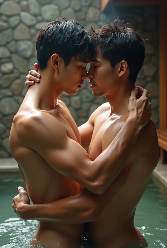 two handsome and muscular Japanese young men in early twenties、Public bath、cuddling, blushing, Completely naked