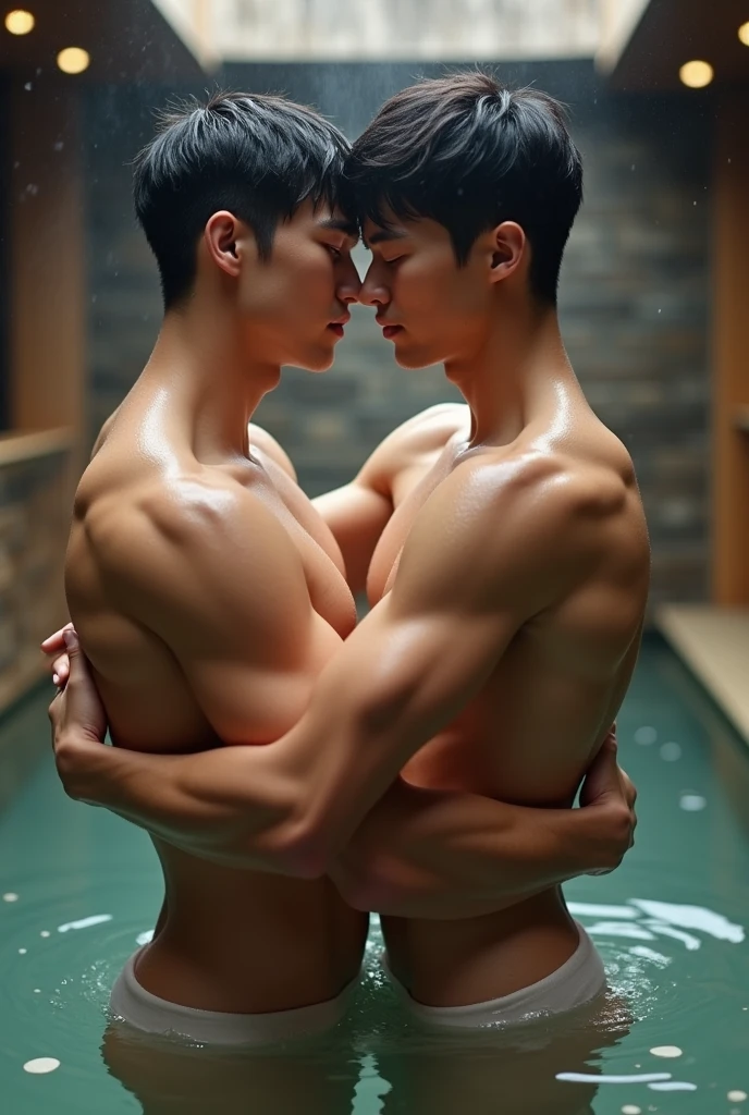 two handsome and muscular Japanese young men in early twenties、Public bath、cuddling, blushing, Completely naked
