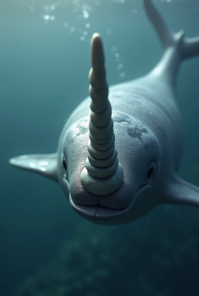 A close-up image showing the impressive, spiraled tusk of the narwhal, extending out from its head.