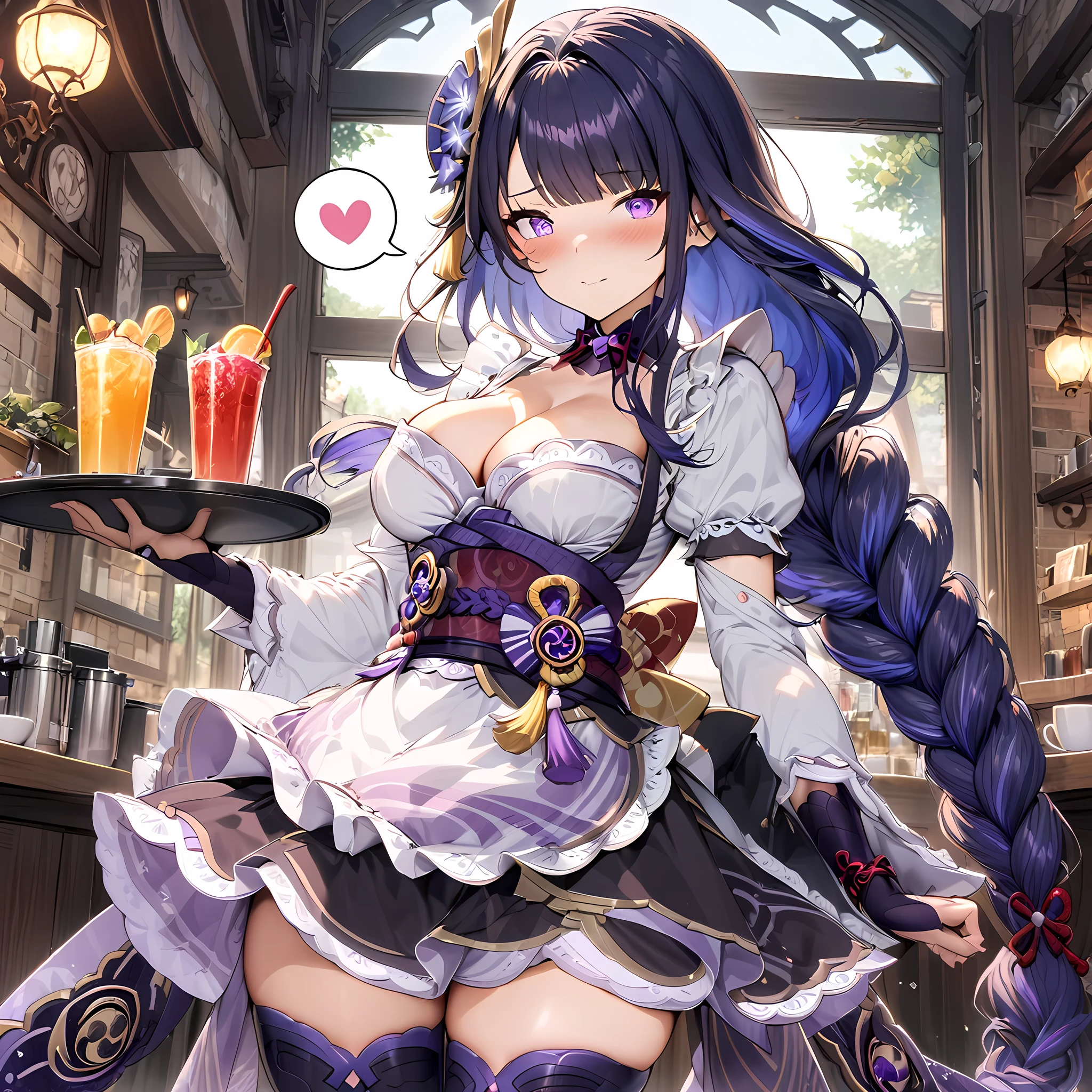 (masterpiece), best quality, expressive eyes, perfect face,1girl,raiden shogun,genshin impact,maid,waitress,purple maid costume,cleavage,frilled dress,frilled skirt,curvy,long detached gloves,thigh high stockings,thigh strap,blush,shy smile,cowboy shot,cafe,tray,holding tray,drinks,serving,long hair,ponytail,heart choker,spoken heart