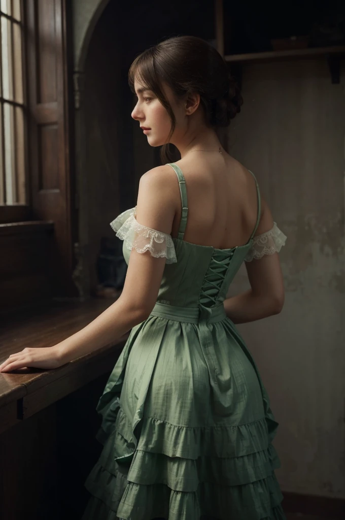 ((High-quality work)), 1 girl, the lines are clear and concise, the green dress and the beautiful pleated lace complement each other, which enriches the layering of the whole picture, the graceful Edwardian lace dress and the princess skirt add a lot to the character, the gesture with the back of the hand behind , It also shows the gentle and elegant side of women.