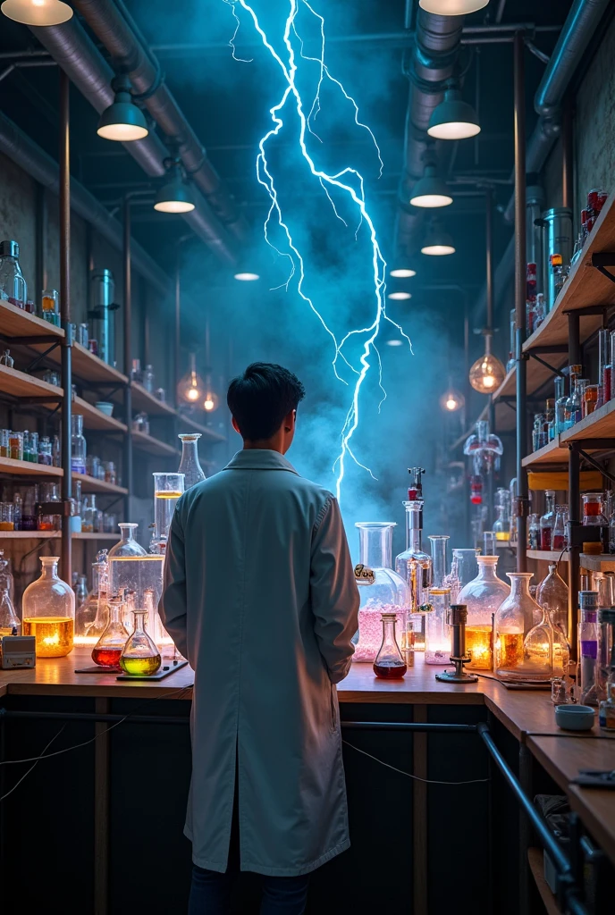 Experimental chemistry bench with element bonds, separation of mixtures and the name Leyde