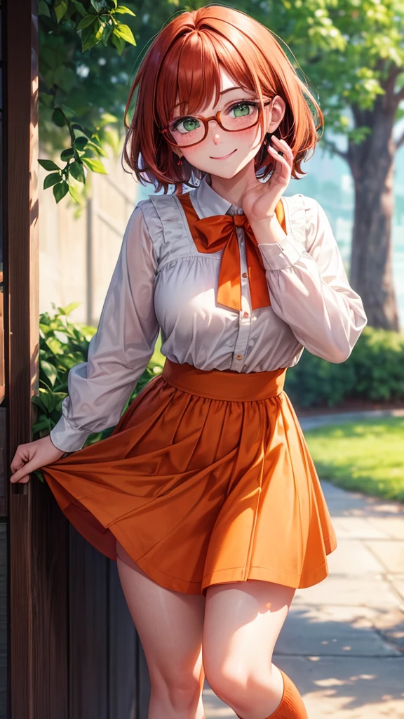 Looking at viewer, High Resolution, Smile, Blush, Short Hair, glasses, green eyes, freckles, auburn hair, orange top, red skirt, orange knee socks
