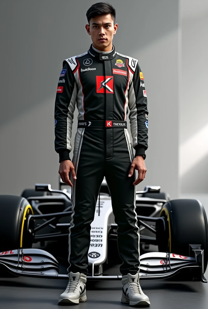 Filipino f1 driver wearing black and white tracksuit with chrome as sponsor with a large “K” on the suit (no helmet) with f1 car on the background