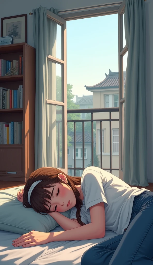 A 2d anime girl is lying on floor seems like she is tired closed eyes long brown hair with band , wearing white t shirts and blue jeans, behind her is the balcay door is opened and you can see the chinese style homes . Next to girl is the cupboard filled with books she is in her living room detail picture with curve angle