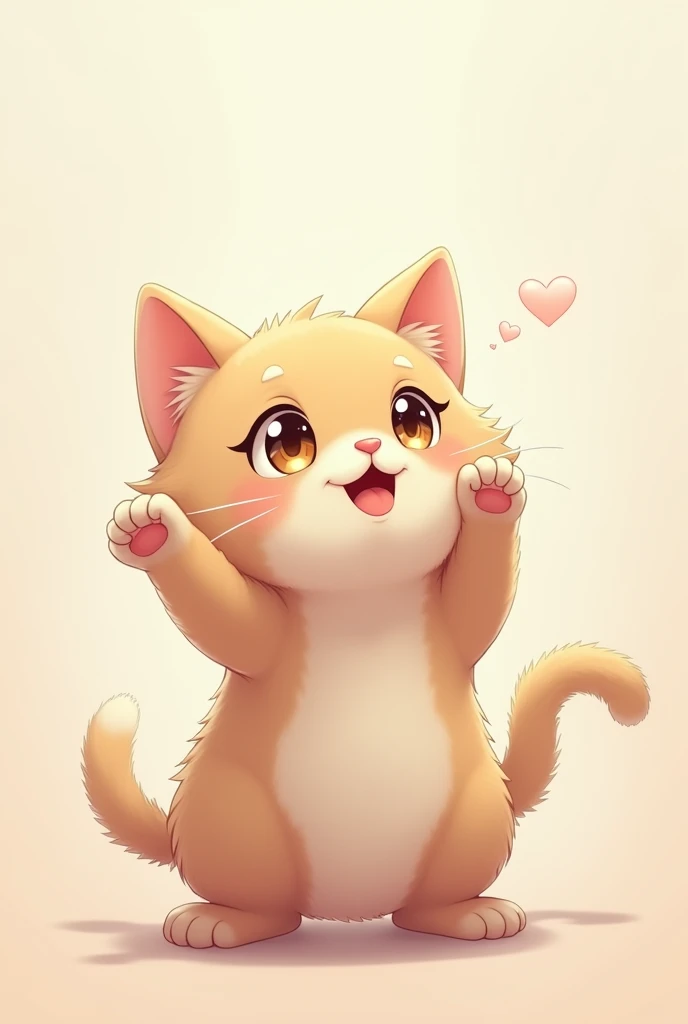 Cute cat with anime eyes raises a paw looking in wonder