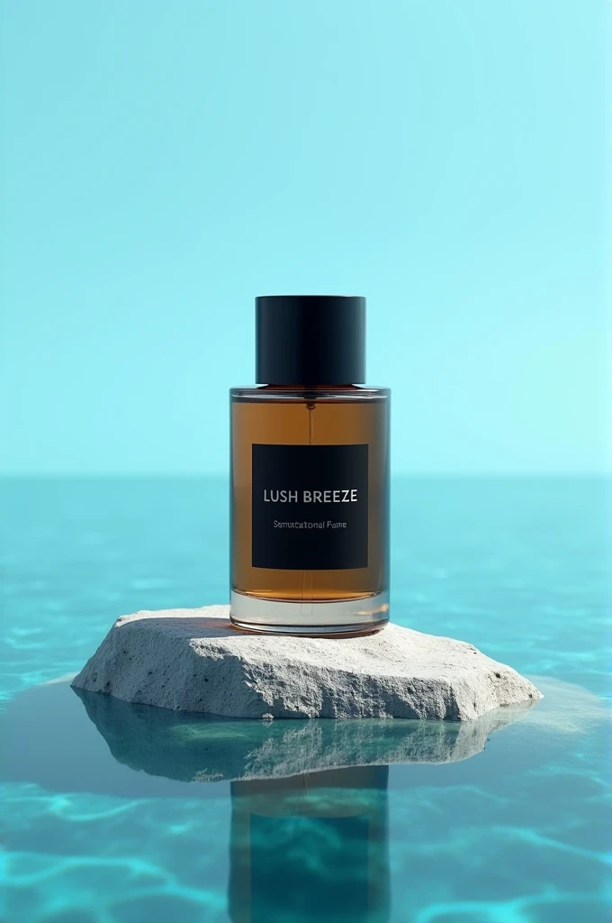 A brown glass Scent bottle of 50ml listed with black label written on white LUSH BREEZE inspired by Issey Miyake by Scentsational Fumes standing on rock center in blue sea.
