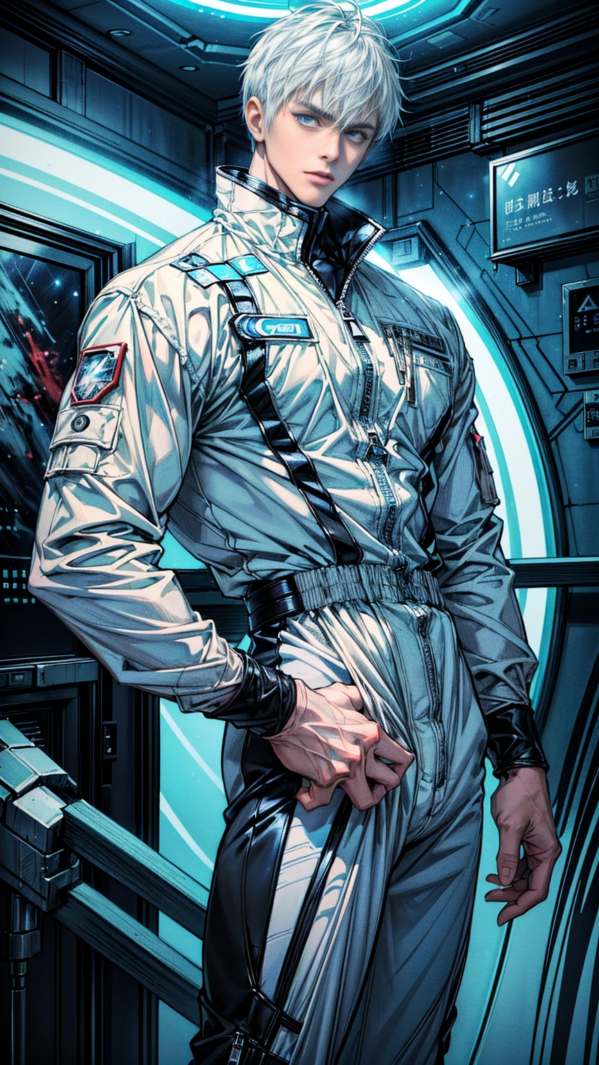 {(best quality, 8k, masterpiece, HDR, soft lighting, perfect image, digital illustration, manhwa art, hyper detailed image, perfect lines, realistic)} 1 very handsome man with short white hair with bangs and icy blue eyes, wearing space jump suit that is black and red, muscled (imposing posture, cold expression), {(inside spaceship corridor background)}