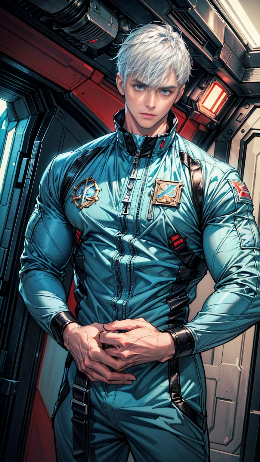 {(best quality, 8k, masterpiece, HDR, soft lighting, perfect image, digital illustration, manhwa art, hyper detailed image, perfect lines, realistic)} 1 very handsome man with short white hair with bangs and icy blue eyes, wearing space jump suit that is black and red, muscled (imposing posture, cold expression), {(inside spaceship corridor background)}