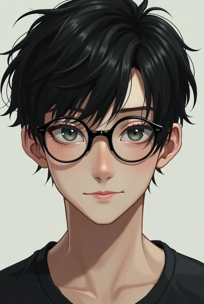  boy, with short messy black hair, pale skin, high, gray eyes, with glasses, semi realism