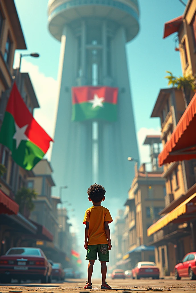 boy that stand under a towers and street those desined somaliland flag