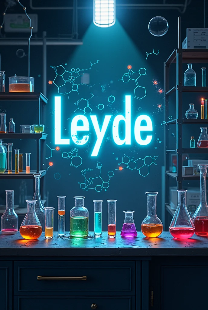 Experimental chemistry bench with element bonds, separation of mixtures and writing the name Leyde

