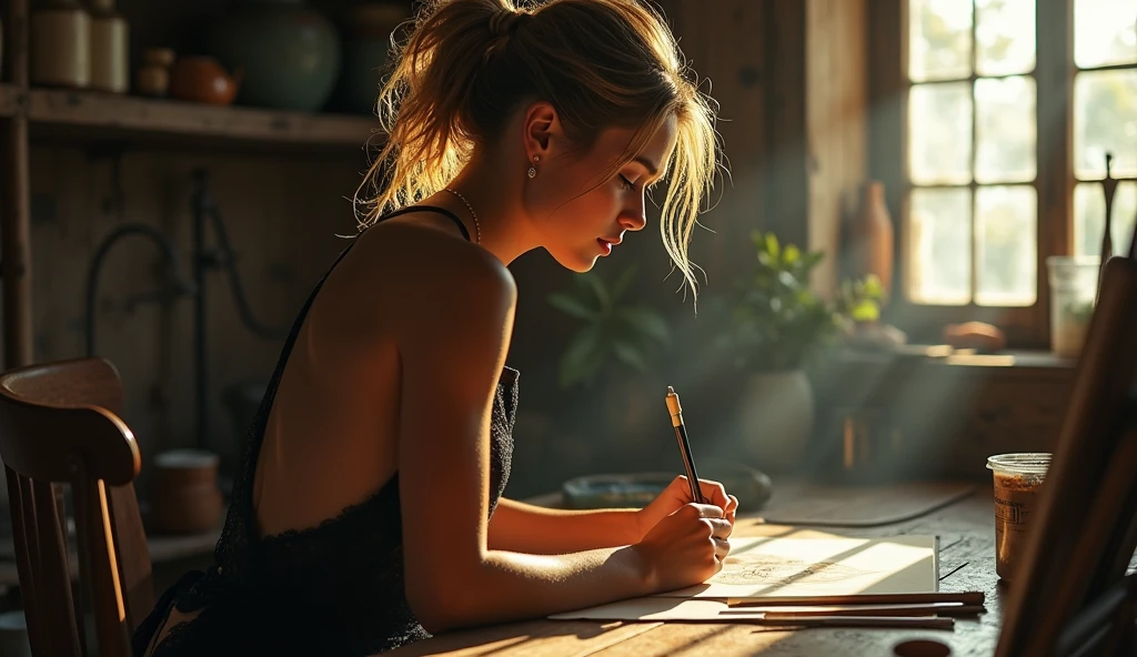 ((ultra realism)), ((Hyperrealism)), ((Ultra detailed skin)), ((Ultra Detailed Face)), An old workshop, dim autumn light breaks through a small window, a girl sits at the table and makes a drawing, dressed in beautiful lace underwear of black color, full body apron, exposed parts of the body are visible, juicy sexy elastic buttocks are visible, slightly tanned skin, rear view over the shoulder, blond hair twisted into a ponytail, messy hair, Soft Light, dust particles are visible in the air, Cinematic lighting, highly detailed skin, highly detailed face, detailed hands, focused on work, very detailed image, Realism, full body view