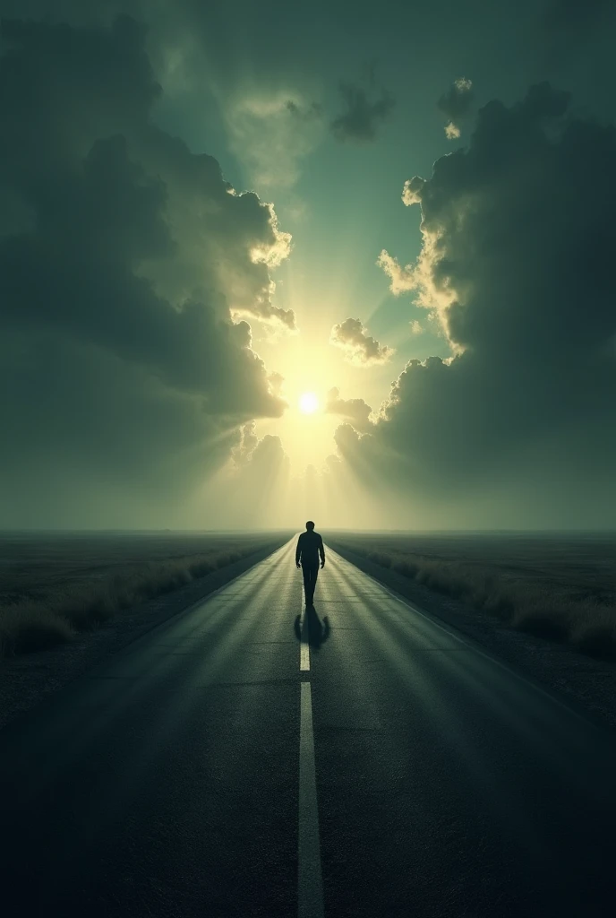 Create an image of a long, lonely road stretching toward the horizon under a dark, stormy sky. In the background, A bright ray of light illuminates the horizon, contrasting with the threatening clouds. Along the path, includes a distant figure representing a man named Miguel, moving forward with determination towards the light, symbolizing his search for hope and redemption. Capture the atmosphere of melancholy mixed with a glimmer of hope in this evocative scene.