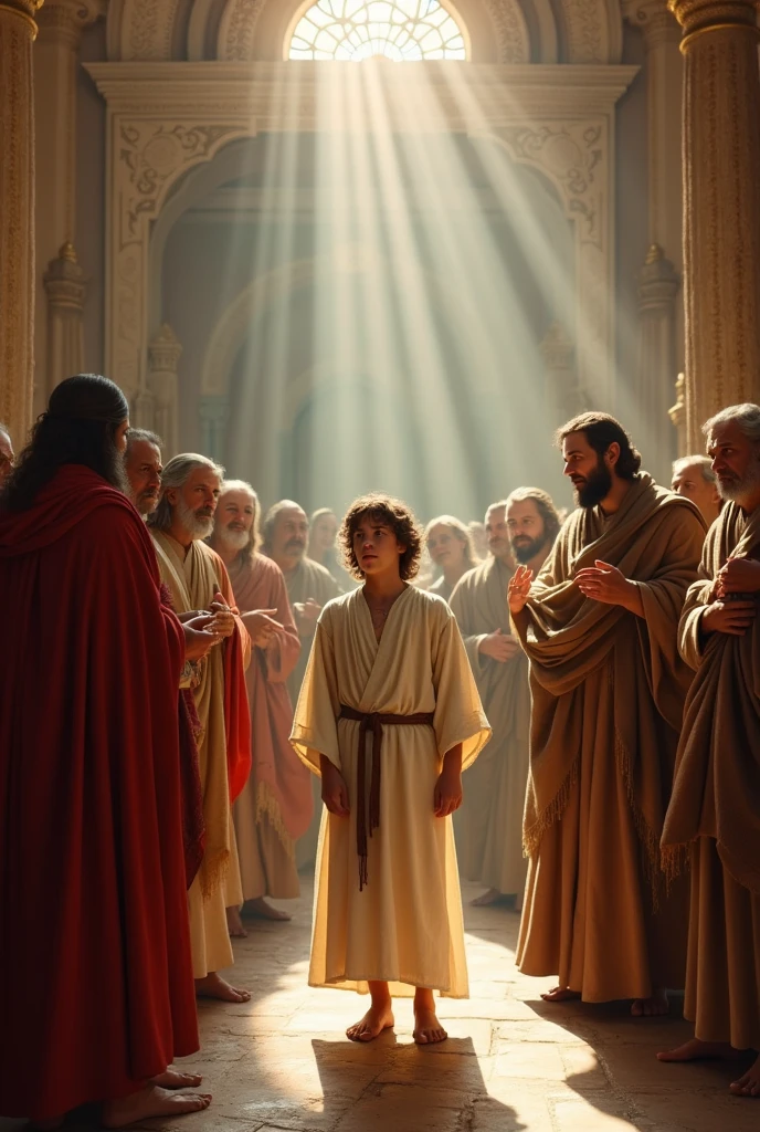 Jesus in the Temple: , Jesus went with his parents to Jerusalem for the Passover. After the celebration, His parents found him in the Temple, Dialoguing with the masters and demonstrating great wisdom.