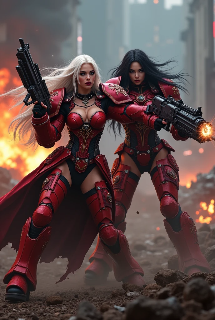 Full body pose sexy sisters of battle from the warhammer 40k, shooting at the enemy, red space marine armor with intricate details, religous symbols on the armor, sisters of battle, warhammer 40k, Massive silicone breast, pale skin, seductive, temptation, eat your soul, clevage, long white flowing hair with red highlights, long black flowing hair with purple highlights, heavy gothic makeup, at night, neon, beautiful detailed eyes, beautiful detailed lips, extremely detailed eyes and face, long eyelashes, highly detailed armor, intricate futuristic weaponry, dramatic lighting, cinematic composition, muted color palette, gritty and realistic, mecha, science fiction, hyper-detailed, photorealistic, award winning digital art, 8k, HDR, masters work, in the middle of a battle field, full body combat action pose, explosions and fire around, full war, stunning, Stilleto heels, high heels, full body pose, cinematic, movie trailer, final stand!, nemesis, ready to strike, dust and debree, combat screams, attacking, shooting at the enemy, running forward, last line of defense, charging, fanatic, religious, templar knights, sisters of battle, warhammer 40k