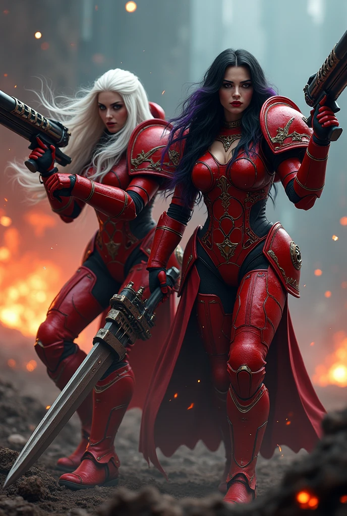Full body pose sexy sisters of battle from the warhammer 40k, shooting at the enemy, red space marine armor with intricate details, religous symbols on the armor, sisters of battle, warhammer 40k, Massive silicone breast, pale skin, seductive, temptation, eat your soul, clevage, long white flowing hair with red highlights, long black flowing hair with purple highlights, heavy gothic makeup, at night, neon, beautiful detailed eyes, beautiful detailed lips, extremely detailed eyes and face, long eyelashes, highly detailed armor, intricate futuristic weaponry, dramatic lighting, cinematic composition, muted color palette, gritty and realistic, mecha, science fiction, hyper-detailed, photorealistic, award winning digital art, 8k, HDR, masters work, in the middle of a battle field, full body combat action pose, explosions and fire around, full war, stunning, Stilleto heels, high heels, full body pose, cinematic, movie trailer, final stand!, nemesis, ready to strike, dust and debree, combat screams, attacking, shooting at the enemy, running forward, last line of defense, charging, fanatic, religious, templar knights, sisters of battle, warhammer 40k