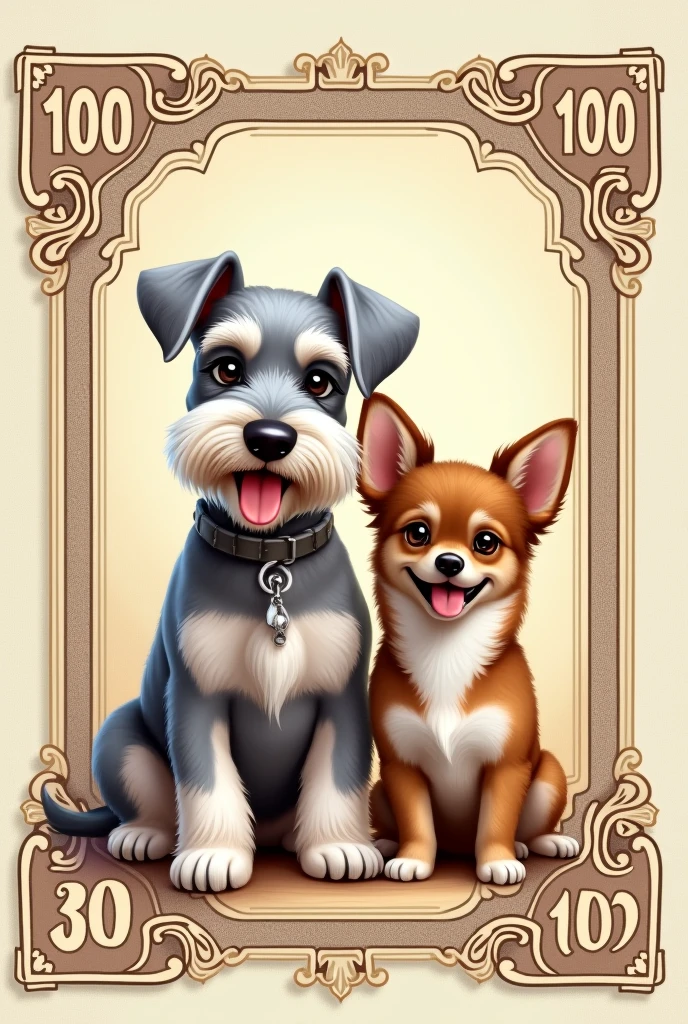 Create a 100 perrycoin bill that in the center has a pearl-colored Schnauzer and a brown Chihuahua together, cute but more detailed and the bill is rectangular lying down