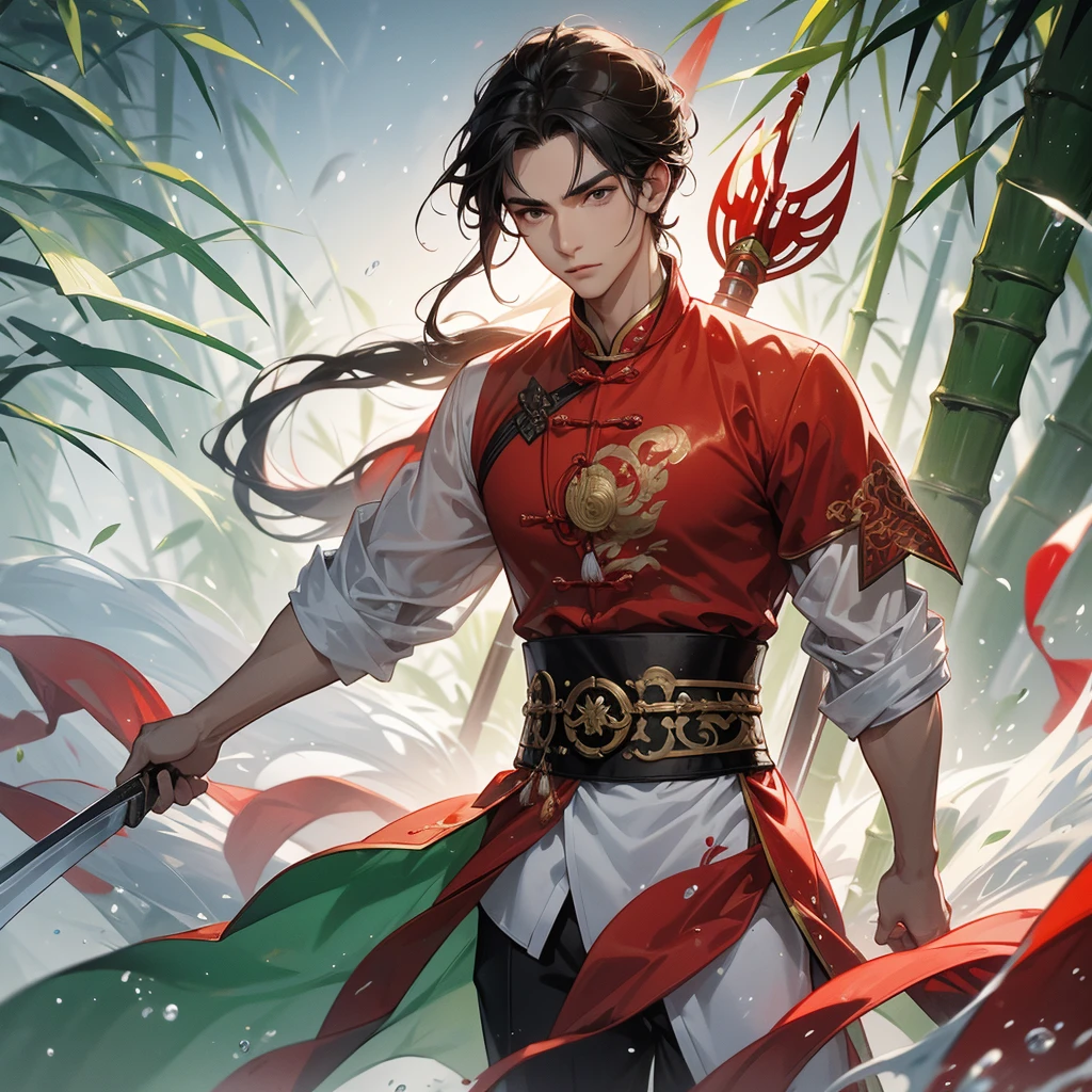 A Handsome black-hair male holding a large sword in an red-white ancient chinese costume, close up.
The back is a lush green bamboo forest. The air after rain has water droplets splashing around.