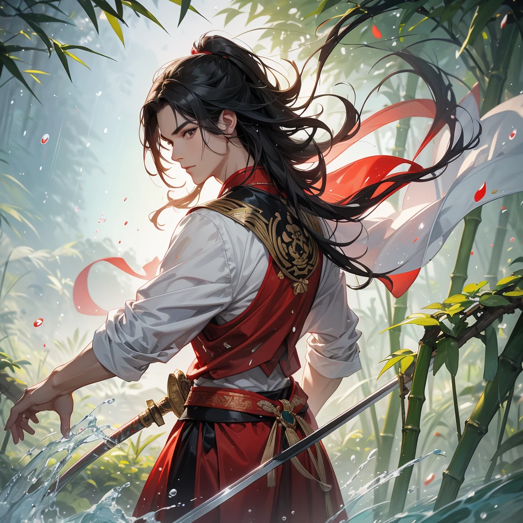 A Handsome black-hair male holding a large sword in an red-white ancient chinese costume, close up.
The back is a lush green bamboo forest. The air after rain has water droplets splashing around.