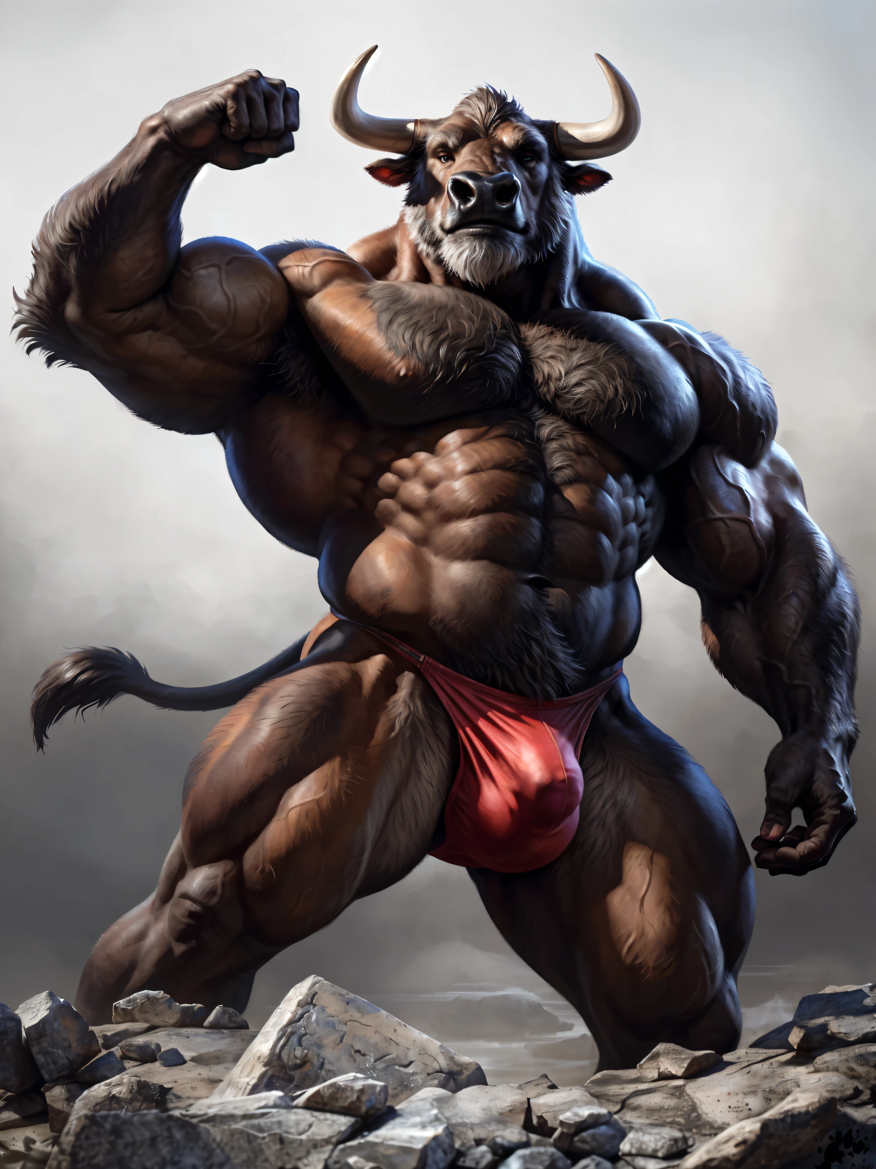 Sharp focus, masterpiece, 8k, intricate artwork, hyper detailed, high detail, best quality, perfect colors, perfect shadows, perfect lighting, posted on e621, front view, portrait shot, furry body, posted on e621, furry body, solo, anthro bull, (veiny, massive strongman, beefy bodybuilder, buff, manly, brutal, masculine:1.3), (short full grey beard:1.6), (monotone brown fur, nails on hands:1.3), (curved big bovine horns), middle-aged, mature, male, correct anatomy, (photorealistic fur, detailed hairs, epic, masterpiece:1.2), (by Rukis, Bonifasko lighting), (by Taran Fiddler, by Blotch:1.2), detailed bull eyes, (red posing thong:1.3), (flexing, showing muscles, bottomless grey backdrop), detailed bulge
