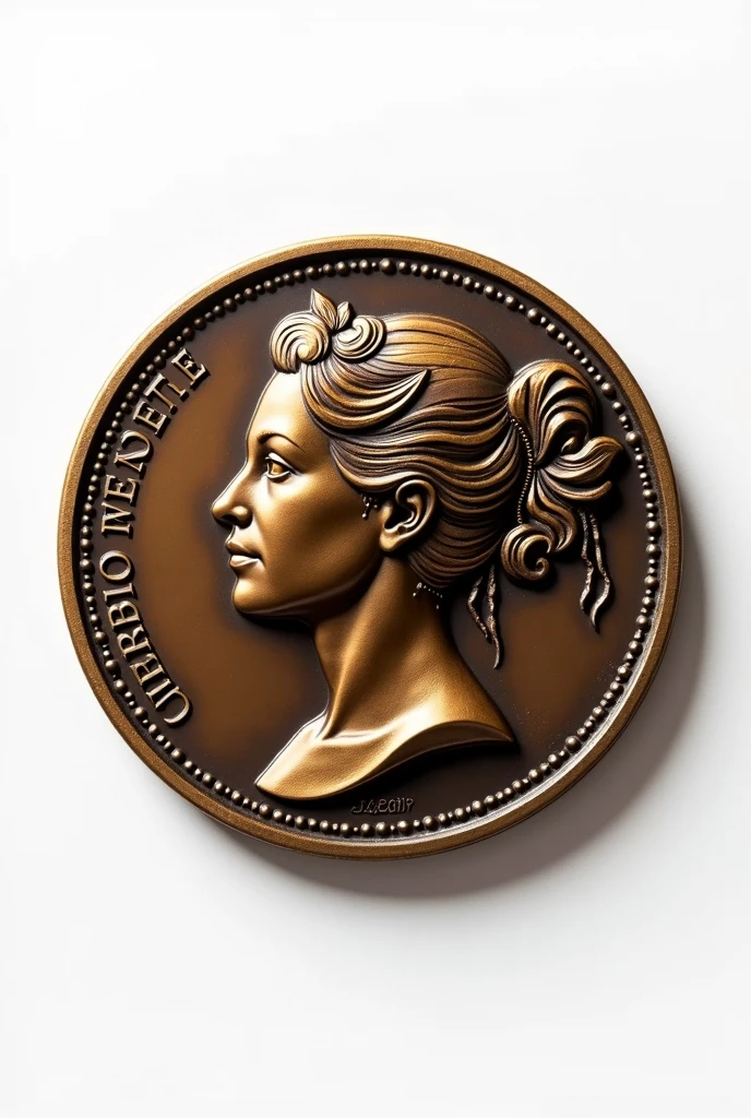 bronze coin on a white background, the coin has the image of a woman from the side.,