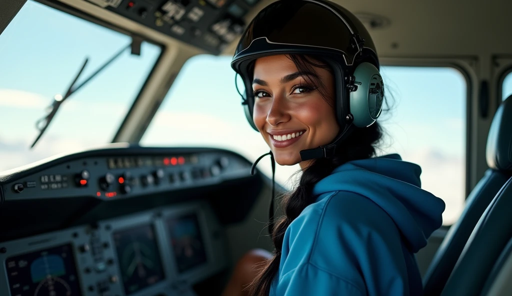 (photorealism: 1.2), hot brazilian sexy girl in sexy dynamic pose. raw portrait photography, hyper realistic and detailed face, complex and realistic skin texture, hot body, athletic body, smiling, long black hair with braid, dressed with long blue sweatshirt and pilot helmet in the cockpit airbus