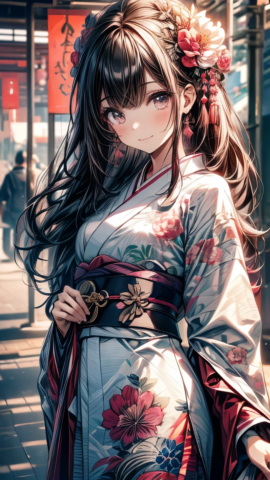 8k resolution, ((of the highest quality)), ((obra maestra)), ((super detailed)), (Muy delicado y hermoso), con a girl, solo, gentle expression, Ella es muy(relajarse)con(calma)apariencia, cabello rosado, Depth of written limits., sonrisa brillante, Young Expression, Bright peach eyes, beautiful cabello rosado, hermoso fondo, pelo largo, arte lineal, kimono rosa, Japan, Japan風, Eyes that shine like Flores de cerezo, Ojo superior, ojos maravillosos, Flores de cerezo, Flores de cerezo tree, Flores de cerezo flowers are dancing, parte superior del cuerpo
