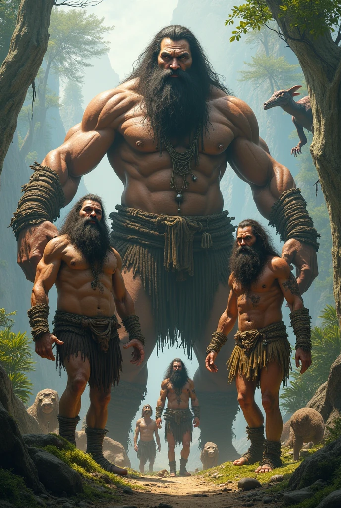 Group of primitive giant men with fictional prehistoric animals

