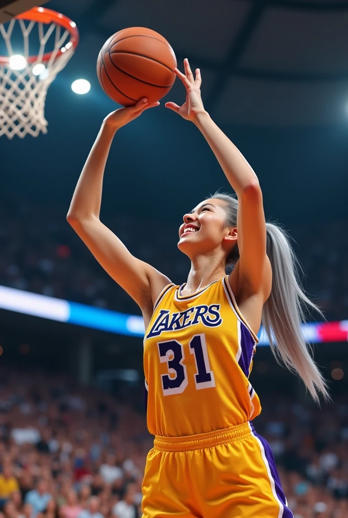 A beautiful youthful looking white Asian women as a 50 years old woman with very long hair completely gray hair in a 90s ponytail as a retired
NBA player wearing her old NBA jersey shooting the ball in the basket in a nba stadium she is smiling for the camera
