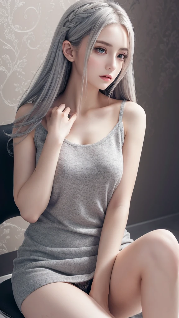 ((panties crotch closeup shot)), crotch straight at the camera, sleeveless sweater micro mini tight dress, thighhighs, Thin legs, office, sitting chair, (((Very elegant and beautiful, Perfect detail, Very detailed))), whole body, Most detailed, Written boundary depth, 美しく詳細なwhole body, 30 years old, Gray and silver hair, Beautiful detailed hair, Perfect Face, Expressionless, Beautiful, detailed, deep eyes, Pale skin, Very delicate and beautiful, masterpiece, (((Highest quality, Very beautiful 8K CG wallpaper))), (((Trendy hairstyles))), office,
