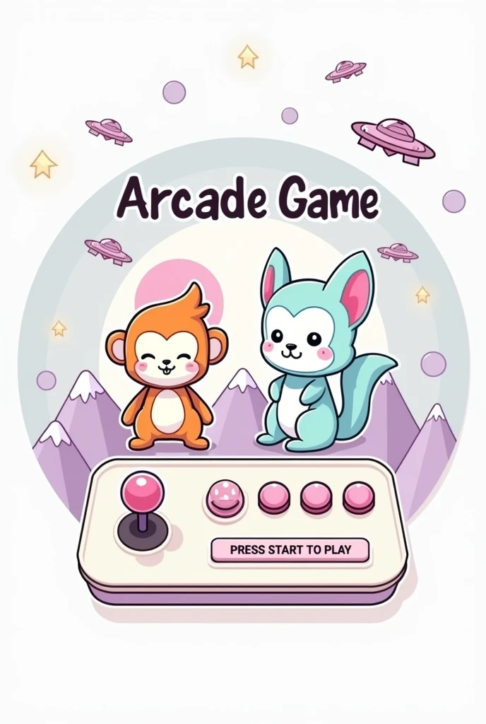 create an art. The image is a stylized graphic with a pastel color palette., predominantly in shades of pink, purple and blue. no topo central, There's the text "Arcade Game" in a fun font with a slight shadow effect. Below this text, ((there are two cartoon style squishmallow animals: to the left, a monkey with orange and white fur and closed eyes that suggest contentment; On the right, a squirrel with blue and white feathers and big round eyes. Both animals are sitting.)), No fundo, there are graphics that resemble mountains in various shades of purple with white outlines that give them a geometric appearance "metaverse style". Above these mountains, float three small spaceships and one larger ship. There is also a large pink planet-like object with rings around it.. Na parte inferior da imagem, there is an arcade game control panel with a joystick on the left side, which has a pink top and a light blue base. To the right of the joystick, there are four buttons: three smaller ones aligned horizontally in light pink colors, dark pink and blue, respectively; Beneath them, there is a larger button in dark pink. No canto inferior direito da imagem, there is additional text saying "PRESS START TO PLAY" inside a speech bubble shaped button design.