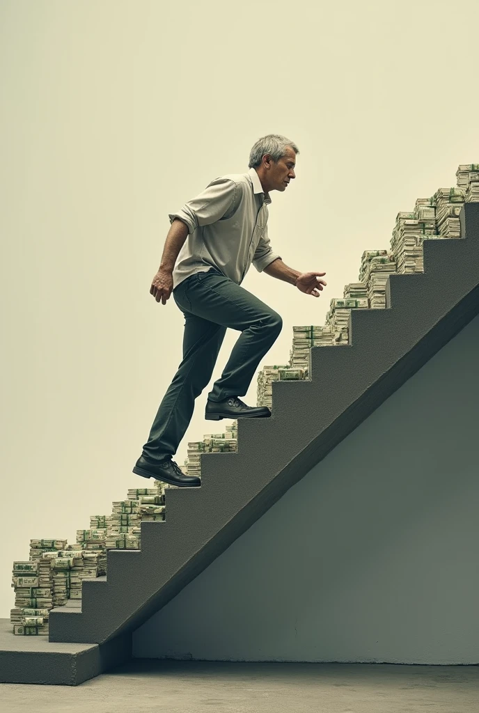 A man climbs up the stairs and on each step there is more money. To illustrate the picture the harder you work the more money you get